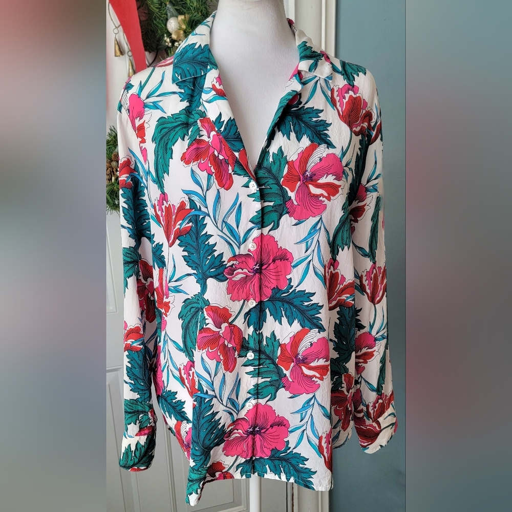 Tommy Bahama Baroque Blooms 100% Silk Button Down Womens S Pink Green Tropical - Picture 2 of 12